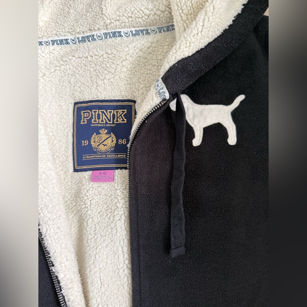 Victoria's Secret Pink Black Sherpa Lined Zip Up Sweatshirt Jacket Large - Picture 6 of 6